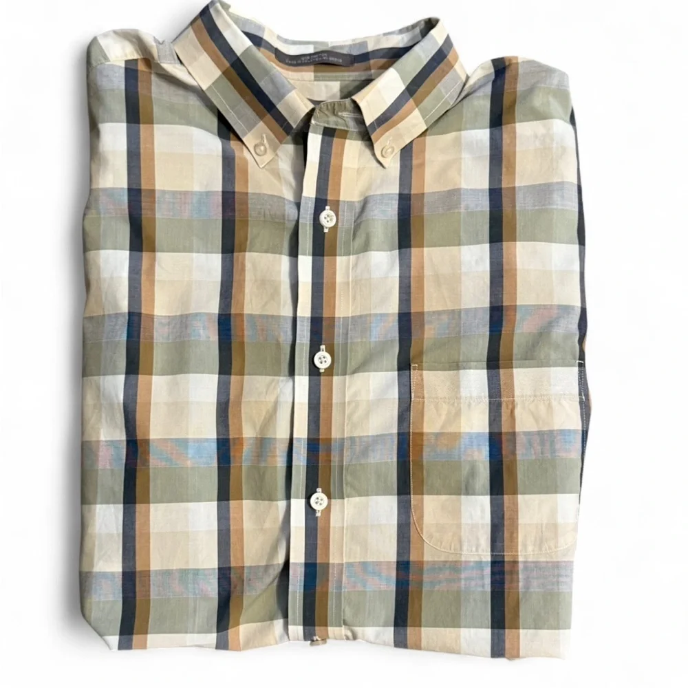 DANIEL CREMIEUX Men’s Tan and green plaid short sleeve button up shirt. Large - Picture 4 of 4